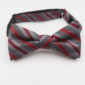 J Ferrar Bow Tie Red Gray Striped 2.25" Wide Pre Tied Polyester Formal